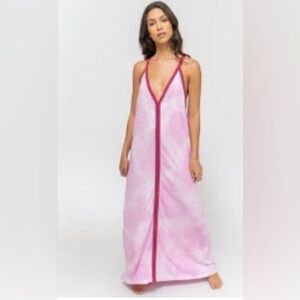 Pitusa Pink Tie Dye Maxi V-Neck Dress/Swim Coverup - size standard - Inca Trim